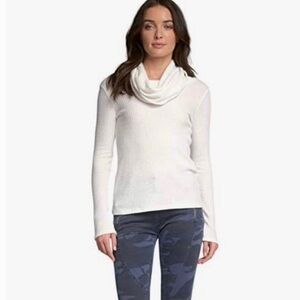 New Elan White Long Sleeve Waffle Knit Cowl Neck Knit Top Sweater Gift Idea